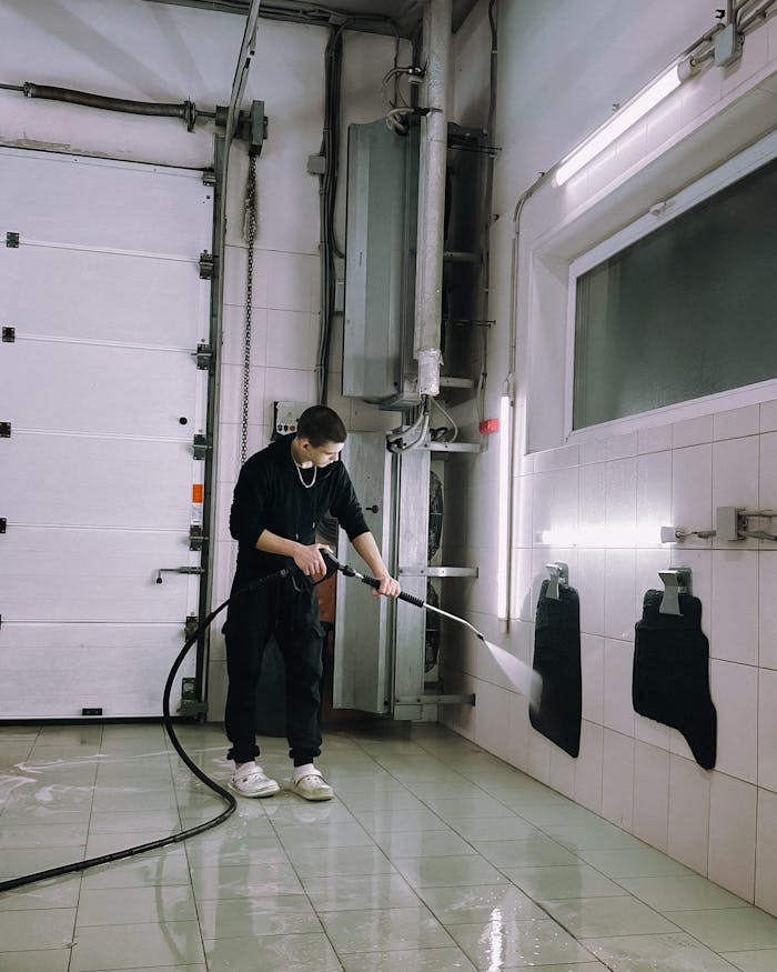 services-01 A person uses a power washer in an industrial setting, highlighting safety and cleanliness.